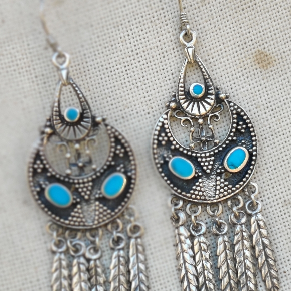 Vintage Sterling Zuni Native American  Turquoise Feather Earrings - Picture 6 of 7